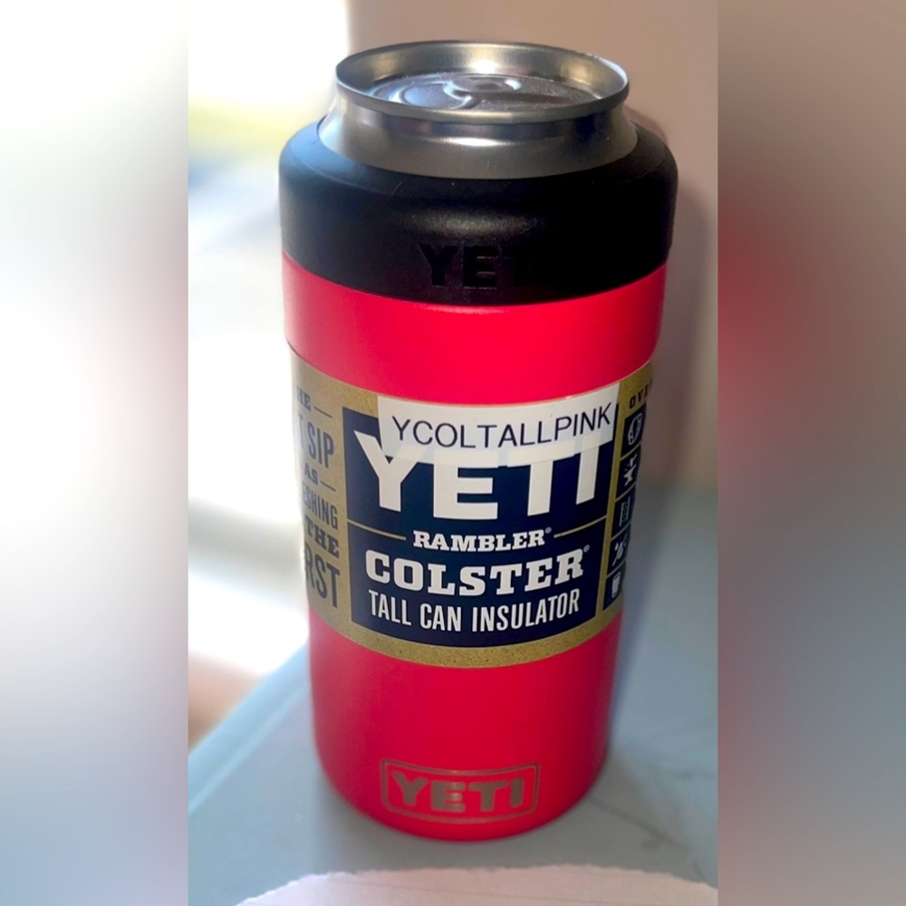 YETI hot pink 16oz slim Can coolster
